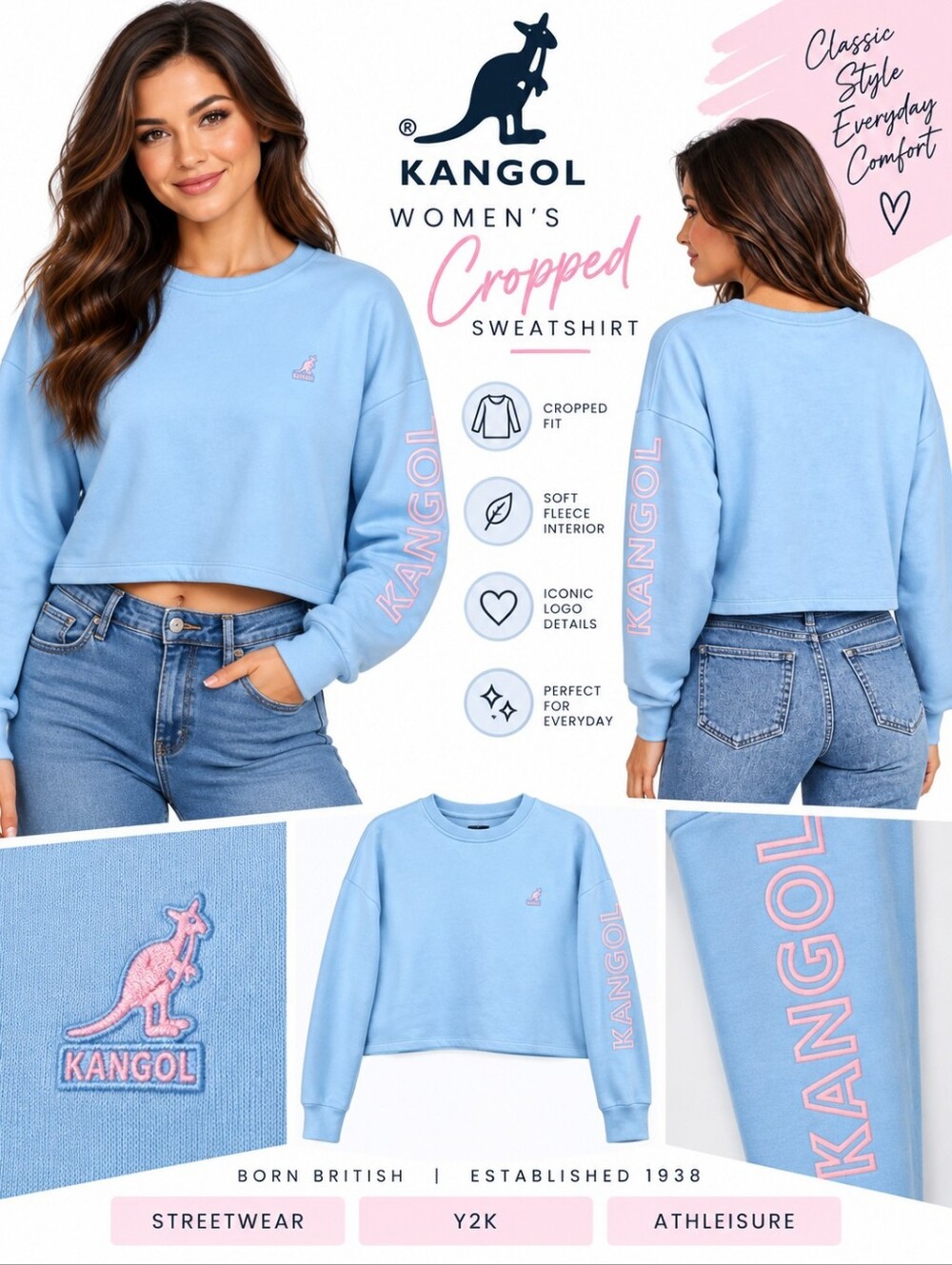 Kangol Women’s Blue Cropped Sweatshirt Pink Logo Sleeve – Size M/M